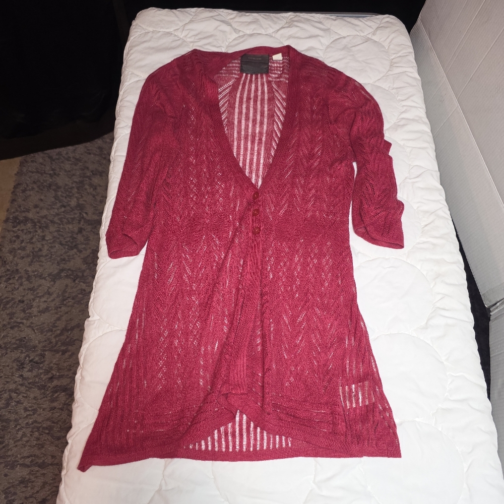 Guinevere Anthropologie Linen Knit Cardigan Womens Medium Red Button Front - Picture 6 of 12